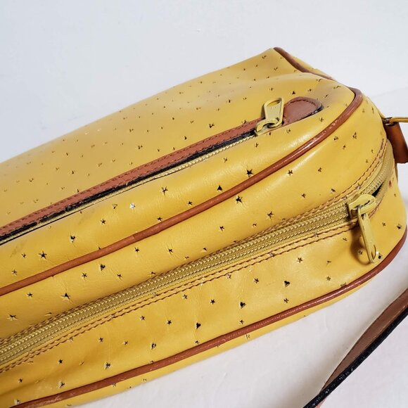 Leather VINTAGE ITALIAN Bag 80s Retro Crossbody Boxy Mustard Yellow Tan Brown - Picture 11 of 16